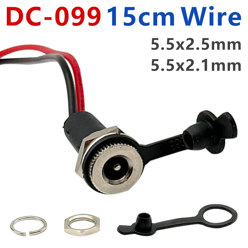 5.5x2.1mm 5.5*2.5mm DC099 5521/5525 DC Power Jack Socket Metal Solder Connector With Nut Snap & 15cm Wire Cable