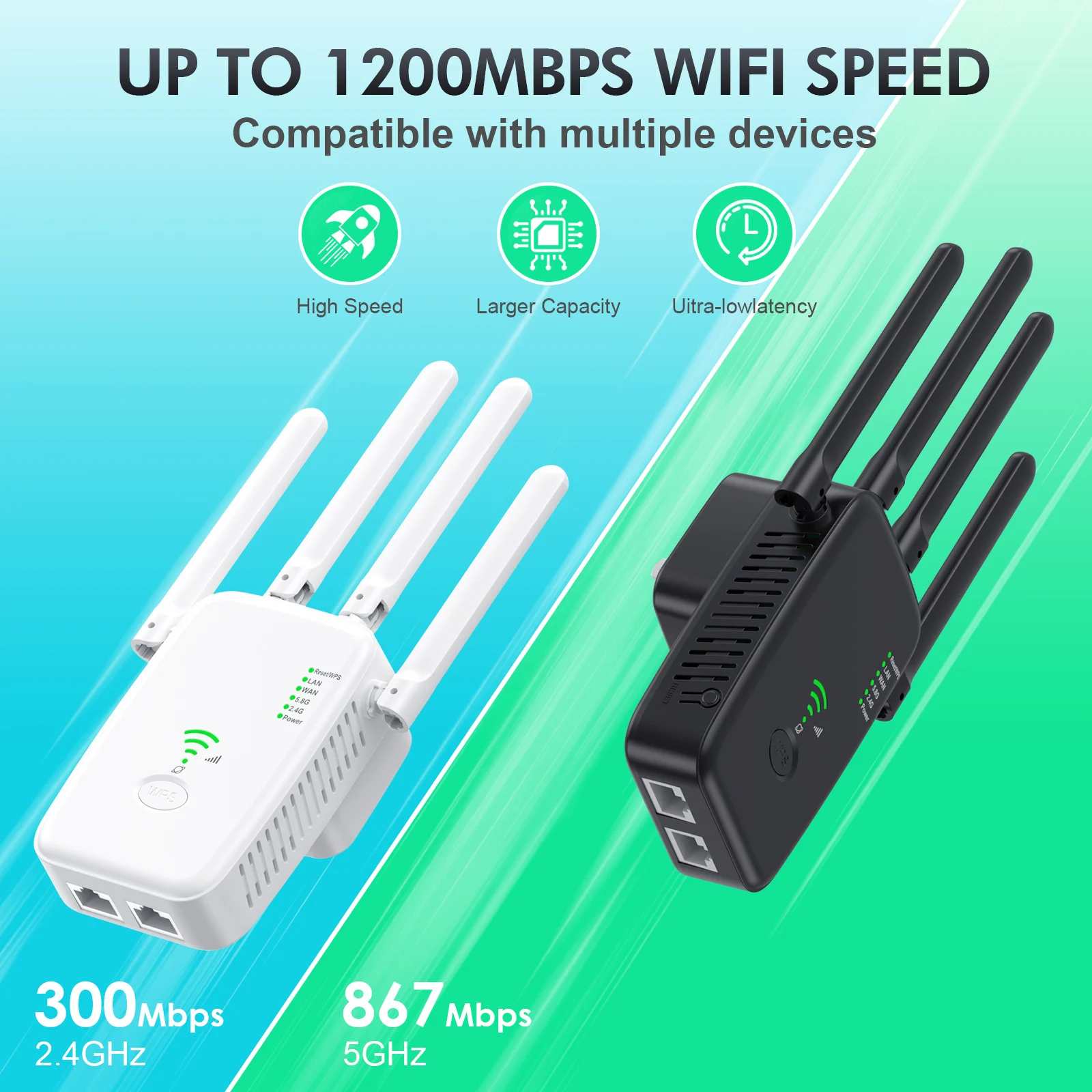 Wireless WiFi Repeater 1200Mbps/300Mbps WiFi Signal Repeater Dual-Band 2.4G5G WiFi Extender Antenna Network Amplifier WPS Router
