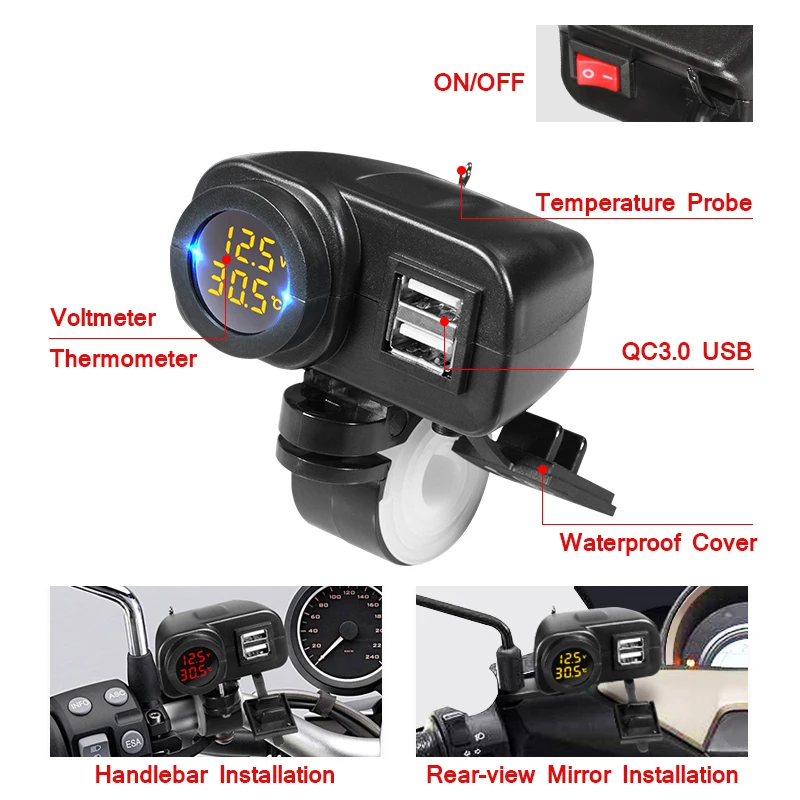 Pengisi daya USB sepeda motor, soket adaptor pemantik rokok 12V 24V, tampilan suhu cepat isi daya sepeda motor