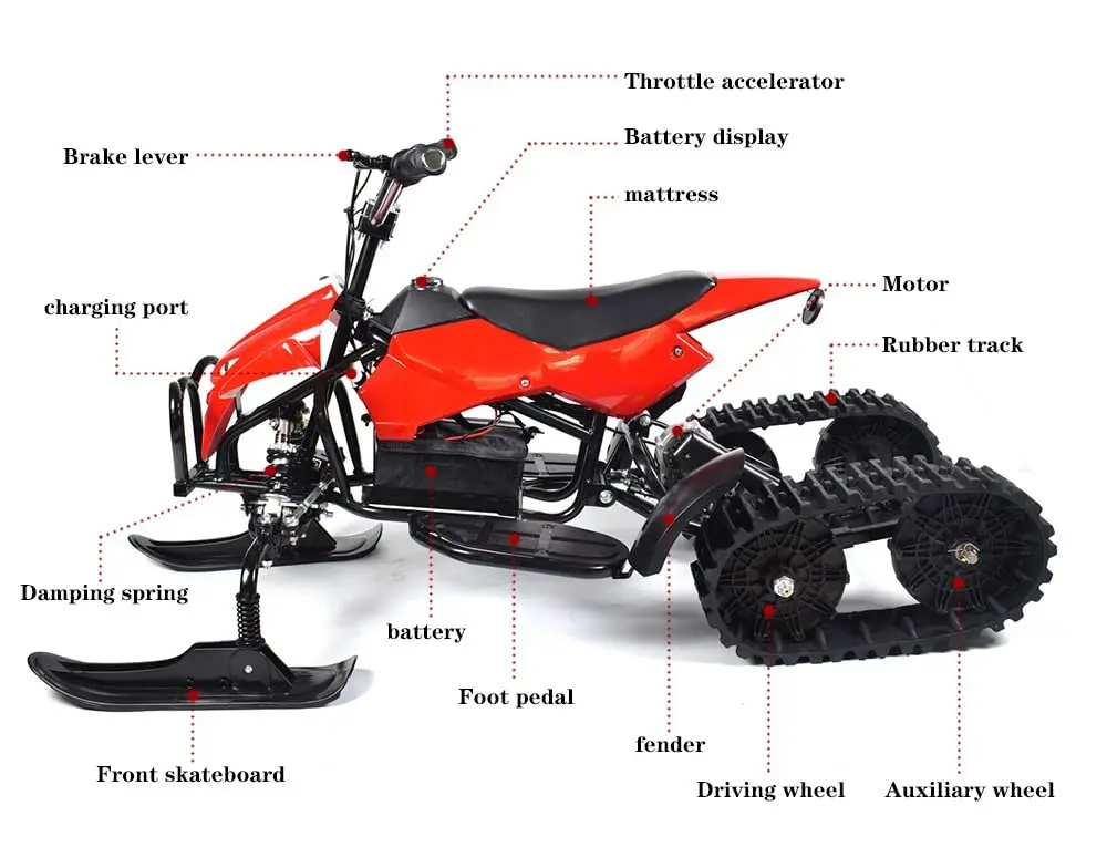 

Steel Frame & Anti-Freeze Plastic 50KG Capacity 20KM Range Rear Track Drive 36V350W Kids & Adults Electric Snowmobile