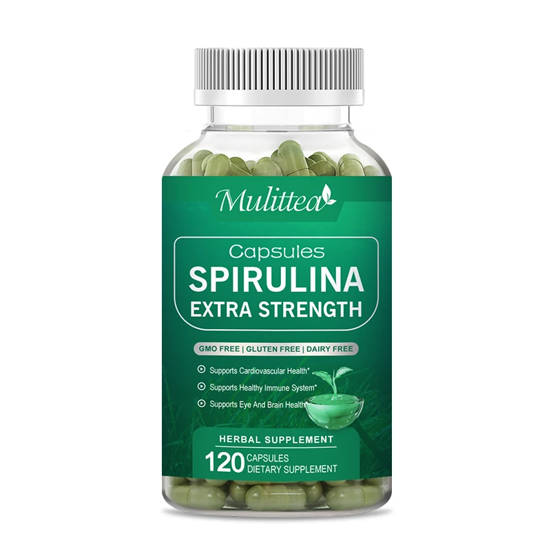 

Mulittea Spirulina Capsules Green Superfood Heart Support Detox Spiruline Magnesium Stearate Eye Vision Brain Heart Health