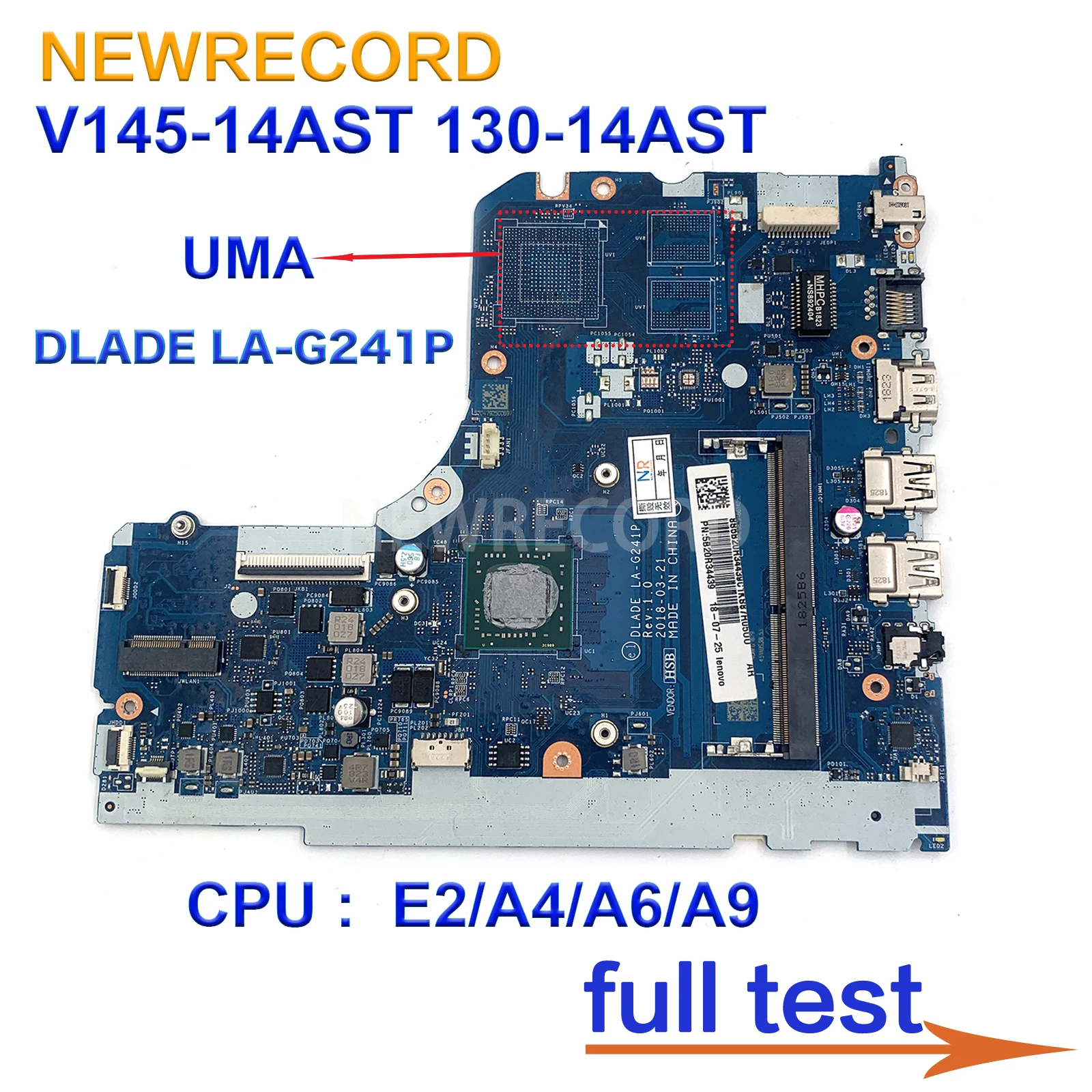 

For Lenovo V145-14AST 130-14AST Laptop Motherboard DLADE LA-G241P 5B20R34439 With E2/A4/A6/A9 AMD CPU 100% Tested Working