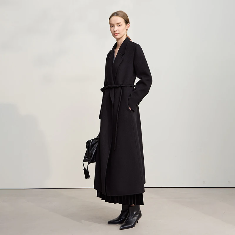 AMII abrigo de lana para mujer 2025 invierno nuevos abrigos largos versátiles para mujer con cinturón 100% chaqueta de Tweed de doble cara de lana 12544044