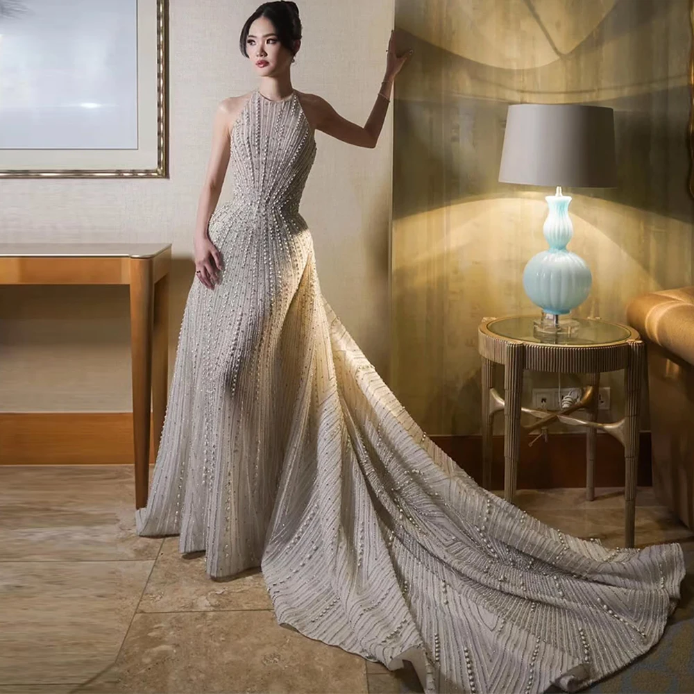 Simple Halter Organza Beading Evening Dress Elegant Pearls Panel Train Customized Celebrity Gowns Fashion Mermaid Party Dresses