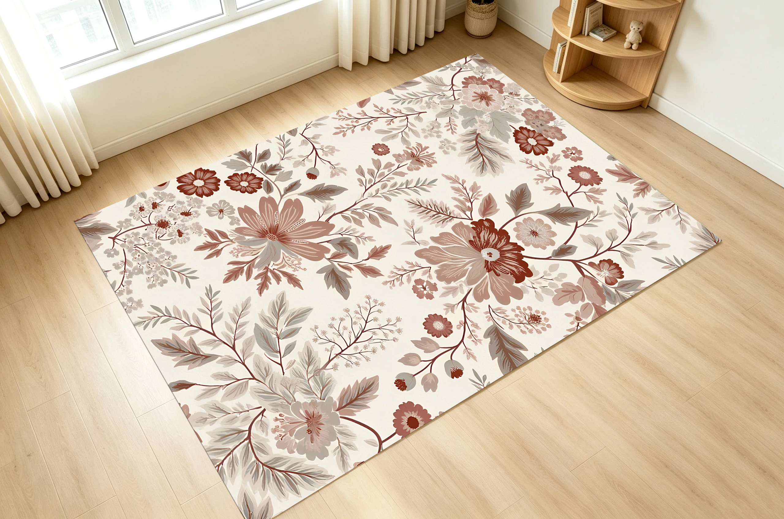 2D Large Rug Beige & Brown-Pink French Retro Floral Pattern, Soft & Comfortable, for Living Room & Bedroom, Enhancing
