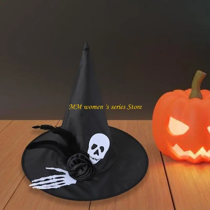 Q39C Cappello da strega Halloween con mano scheletrica Cappello da mago per feste Berretto da strega a punta unisex Copricapo