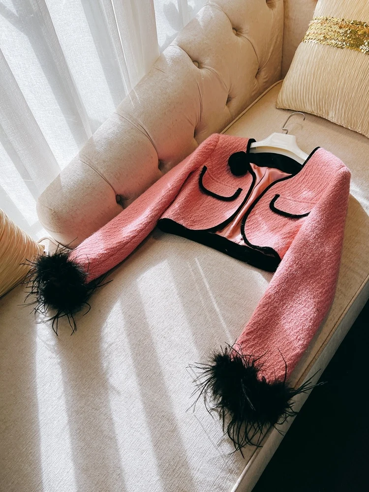 

Ранняя весна, уникальный дизайн, длинное пальто с перьями Duling Feather, розовое, милое, крутое, высококачественная верхняя одежда, круглая, Ne