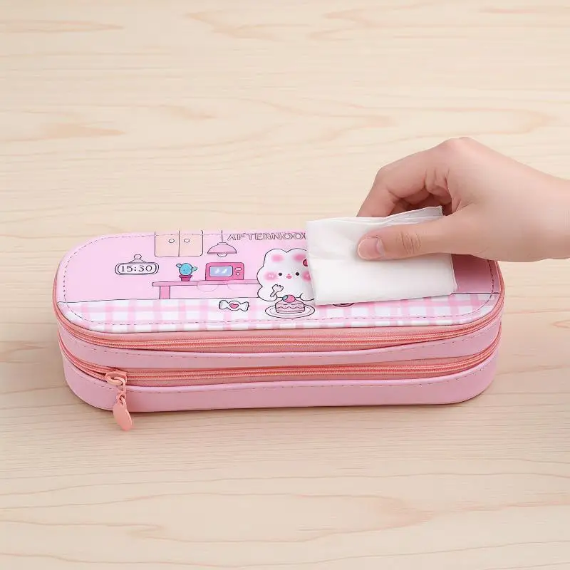 Cute Cartoon Pencil Case Double Layer Large Capacity Lovely Printed Durable Stationery Bag for Art Students