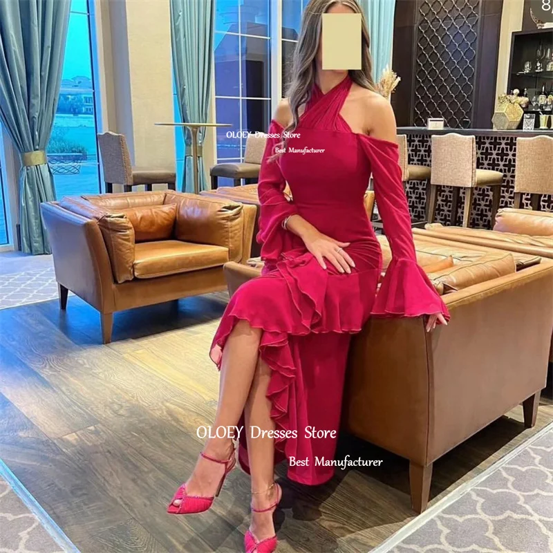 OLOEY Vintage Halter Fuschia Prom Party Dresses Saudi Arabic Women Long Sleeves Split Ankle Evening Gowns Formal Occasion