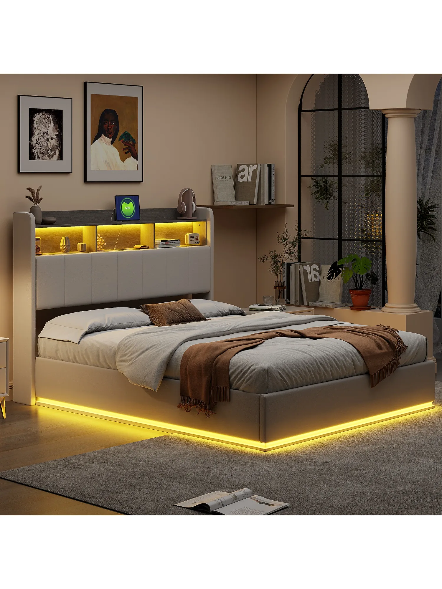 fangange Modern gestoffeerd bed Tweepersoonsbed 140x200cm met opbergruimte LED-verlichting Hydraulisch functioneel bed Zonder matras - afbeelding 2