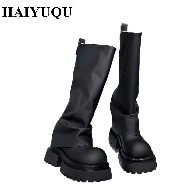 Botki damskie buty do kolan skórzane buty na platformie Chunky Snow Design 2024 Trend motocykl jesień Punk Goth Botas Mujer