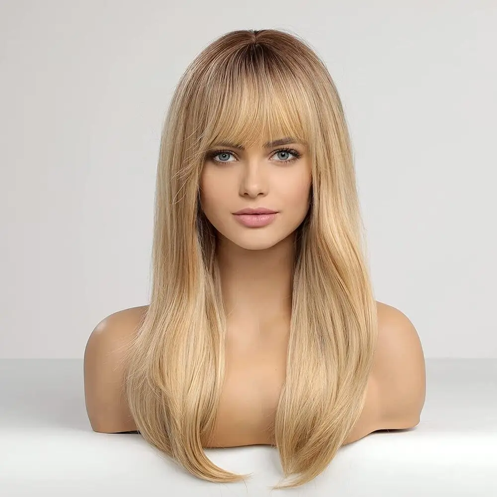 

Long Straight Ombré Light Blonde with Bangs Fanshion Hair Synthetic Wig