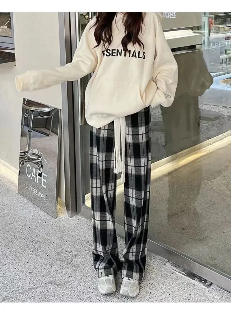 Korean Style Vintage Harajuku Loose Plaid Pants Women Spring Autumn Unisex Couple Casual Wide Leg Trousers Y2k Streetwear Kpop
