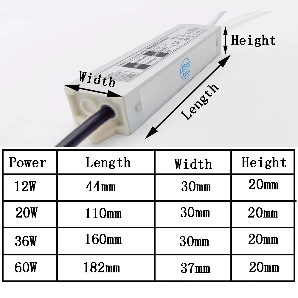 Imagem -06 - Impermeável Transformador de Iluminação Fonte de Alimentação Led Driver Dc12v 12w 20w 36w 60w Ip67 ac 100v265v