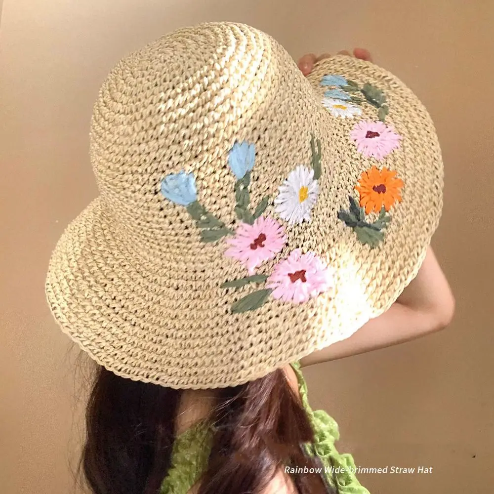 

Casual Colorful Flower Straw Hat Embroidered Flower Wide Brim Women's Sun Hats Visor Boho Beach Hat Travel