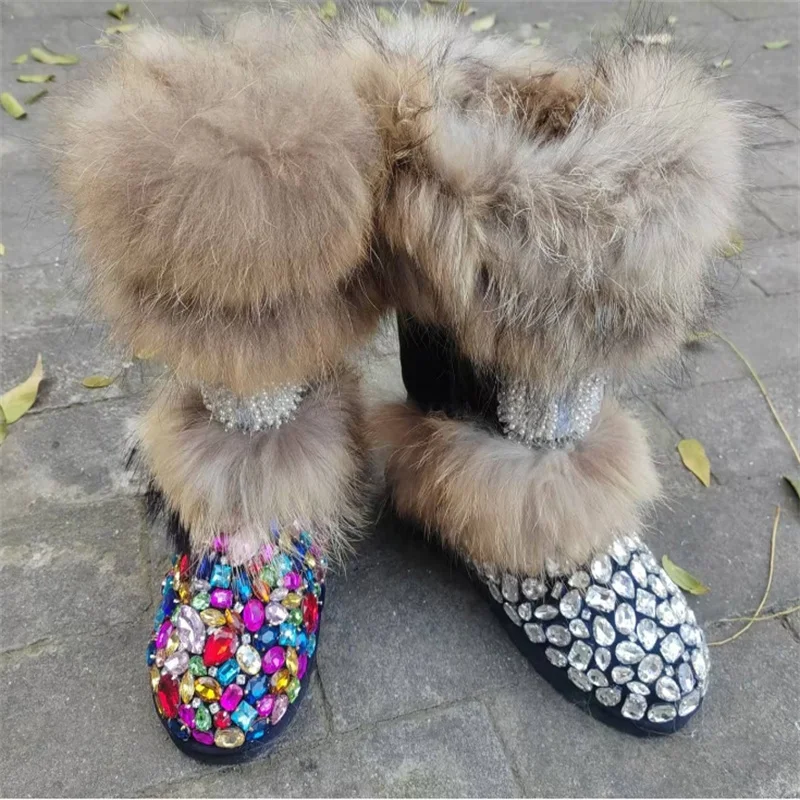 Big Fox Fur Luxury Jewel Accessories Fur One Snow boots Handmade custom wedding party warm plus-size women's boots 33-44