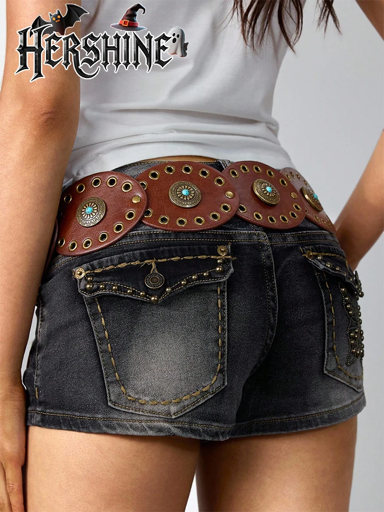 HERSHINE Women's Brown Vintage Leather Patchwork Belt, a bohemian and Western-inspired elegant accessory，spring，summer