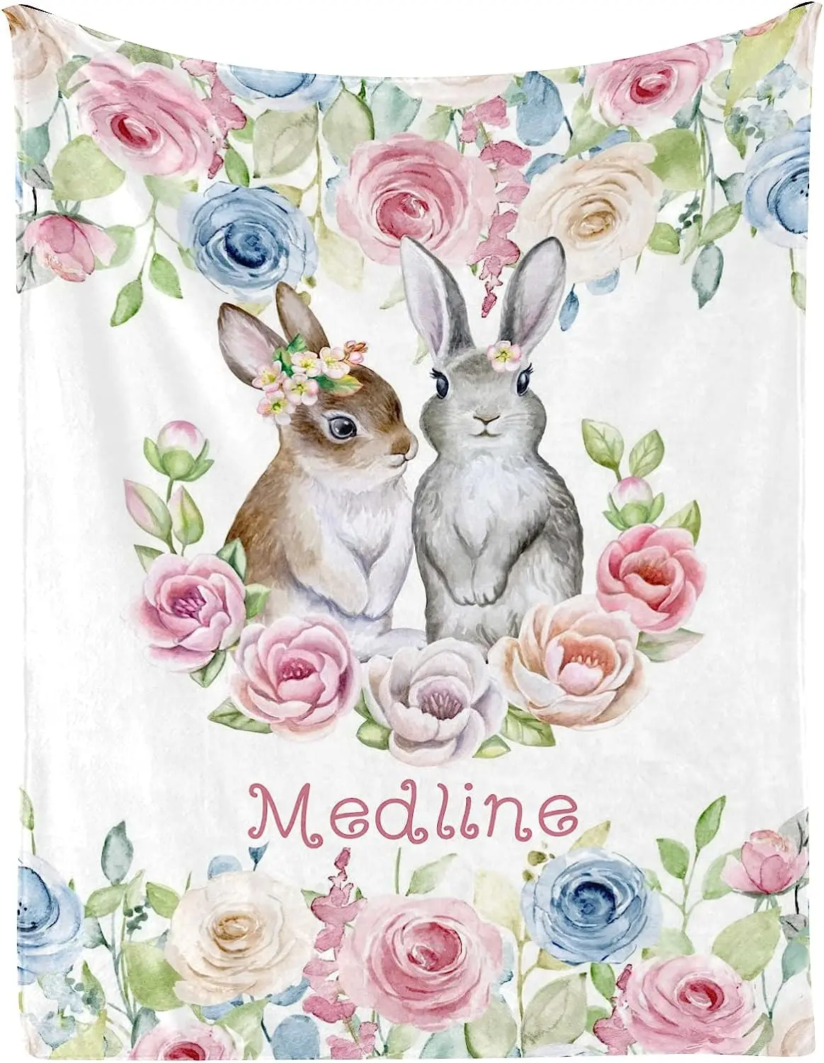 Watercolor Floral Rabbit Bunny Rose Personalized Kid Baby Blanket Customized 30 x 40 Inch Throw with Name Text for Girl