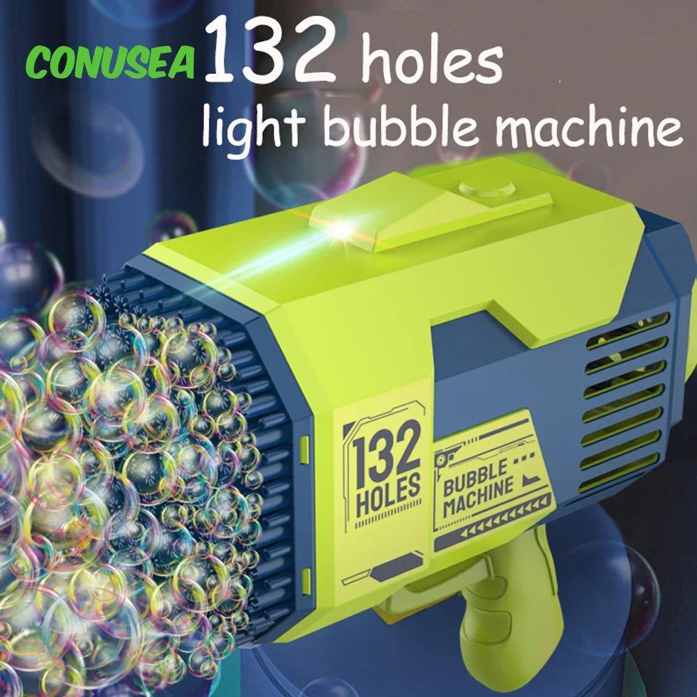 Máquina de pistola de bolhas de sabão com 132 buracos, soprador automático com luz led, brinquedos recarregáveis para crianças, meninos e meninas ao ar livre