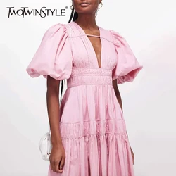 TWOTWINSTYLE Patchwork Folds Dresses For Women V Neck Puff Sleeve High Waist Solid Chic A Line Mini Dress Female Fashion Clothes