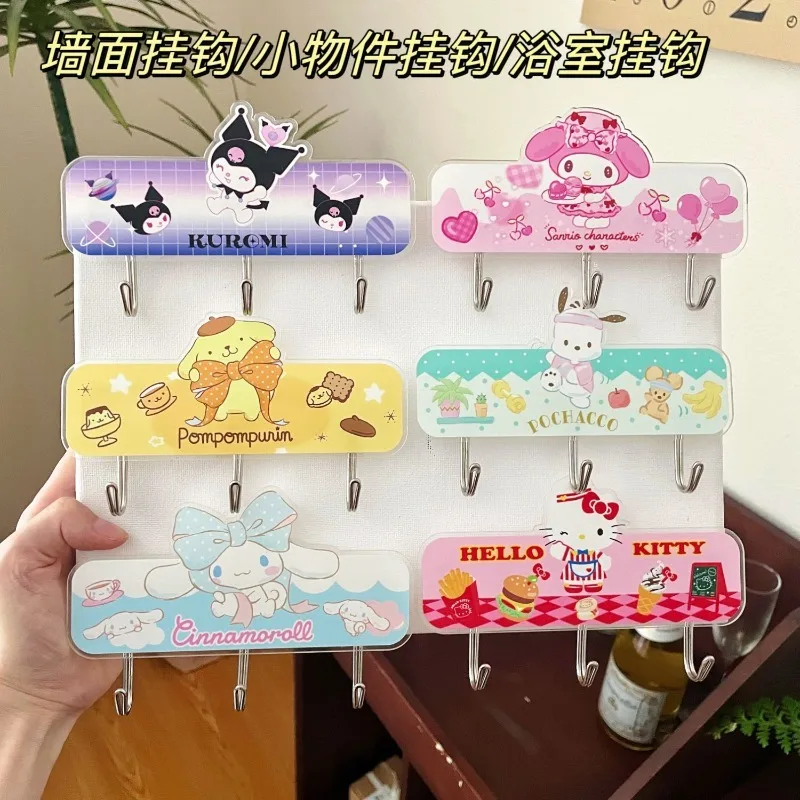 Sanrio Kawaii Multi Row Hook Cinnamoroll Kuromi My Melody Cute Student  Bedroom Kitchen Wall No Punching Hook Girls Gifts