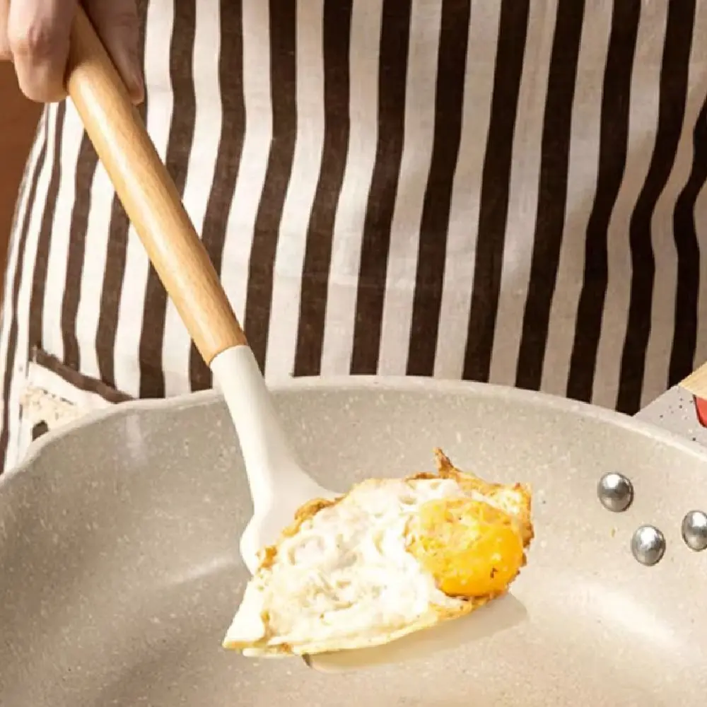 

3Pcs Non-slip Silicone Spoon Shovel Heat Resistant Wooden Handle Cooking Turner Spatula Hanging Easy To Clean Non-Stick Spatula