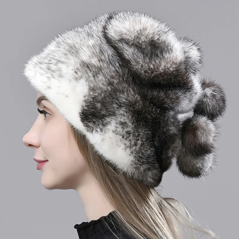 Luxury Winter Hat Women Warm Natural Mink Fur Full Pelt Ball Snow Cap Elegant Female Thick Ski Beanie Hats