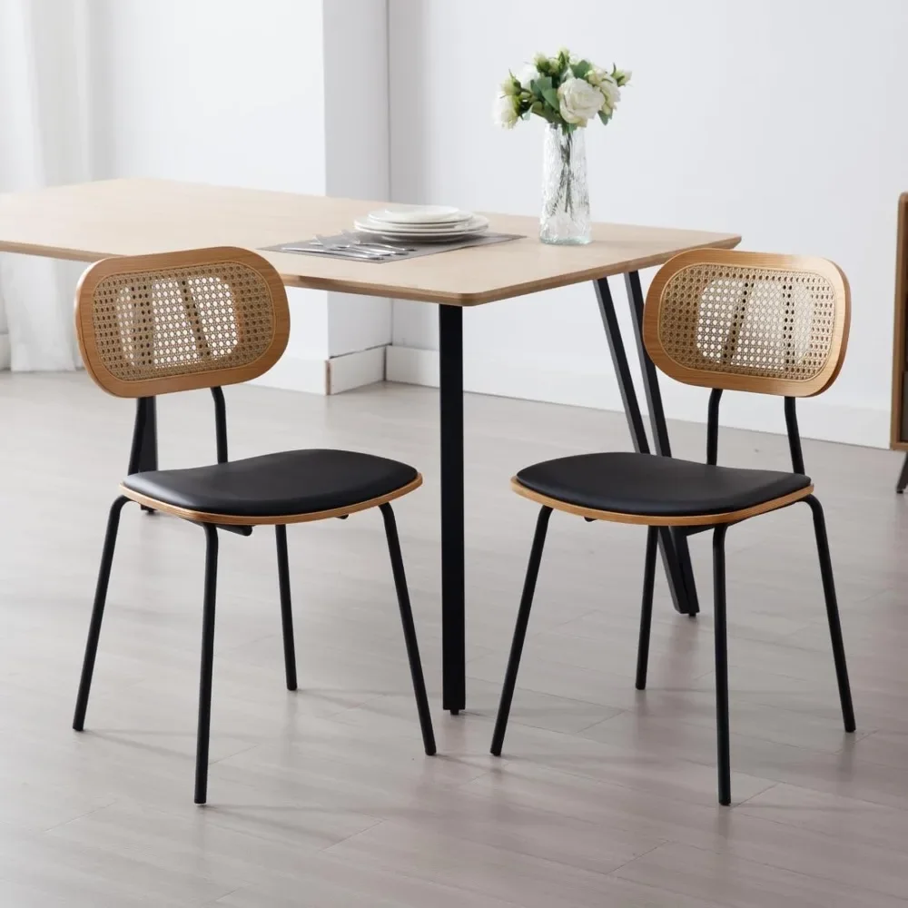 

Modern Dining Chairs Set of 2, Upholstered Faux Leather Rattan Dining Chairs with Backrests, Armless Dining Room Chairs