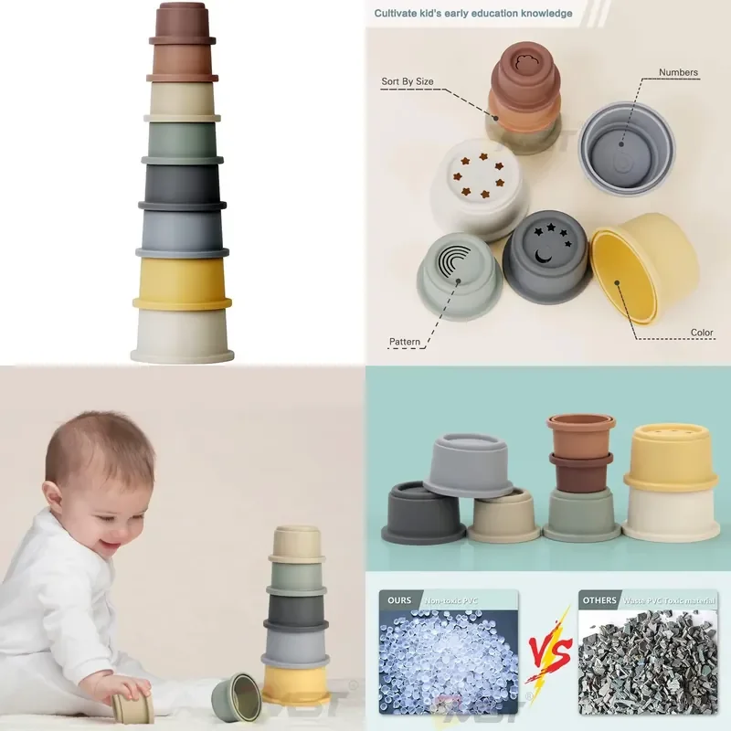 8PCS Baby Bath Toys Soft Stacking Cups Toddler Puzzle Beach Water Play Set for Kids
