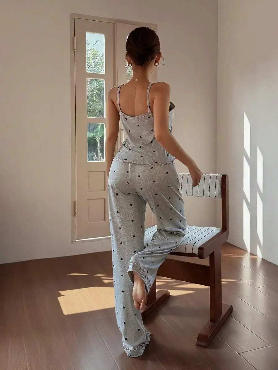 

Sweet Heart Print Strap Pajama Set For Women