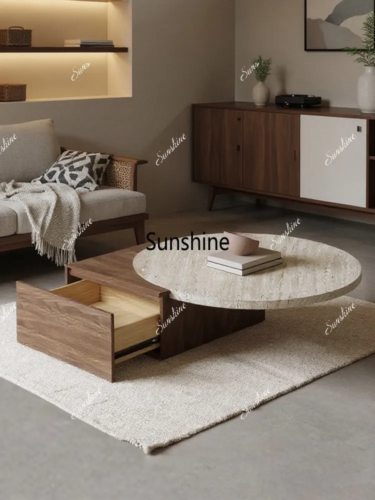 

Wabi Sand wind size round hole stone combination retro homestay villa solid wood coffee table table