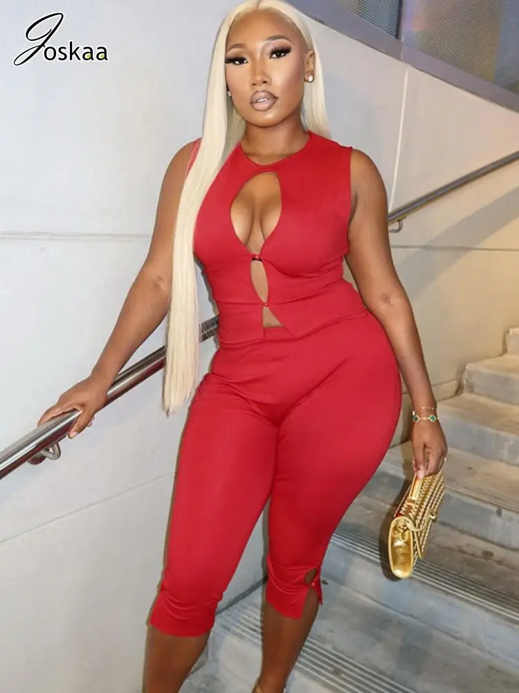 

Joskaa 2025 Women's Sporty 2 Piece Set Casual Button Front Hollow Crop Top+High Waist Side Slit Capri Pants Matching Tracksuits