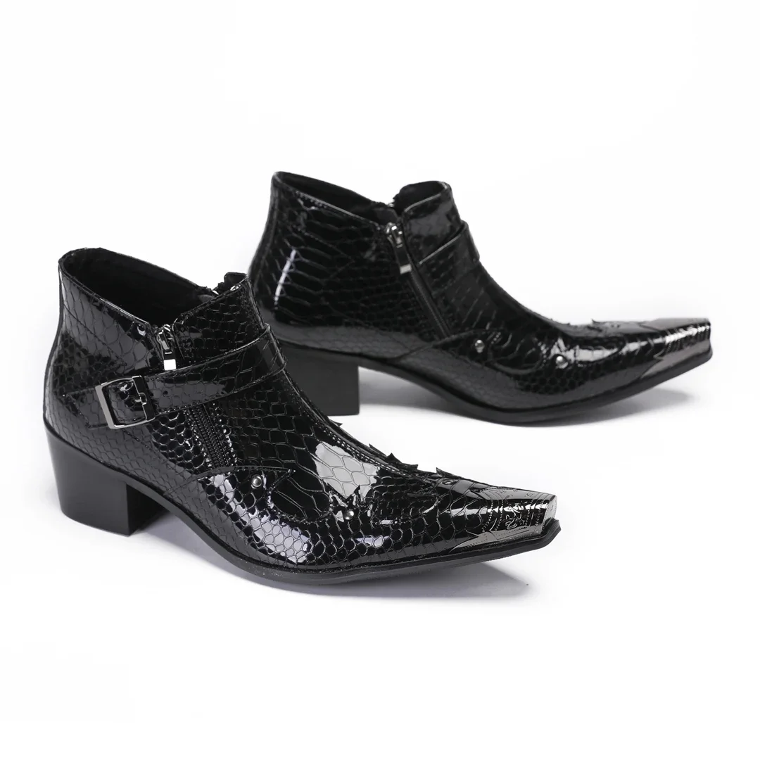 Business Office Men Formal Short Boot Fashion Lacquer Leather Square Toe Mid Heel Ankle Boot Plus Size Classic Office Ankle Boot image 4