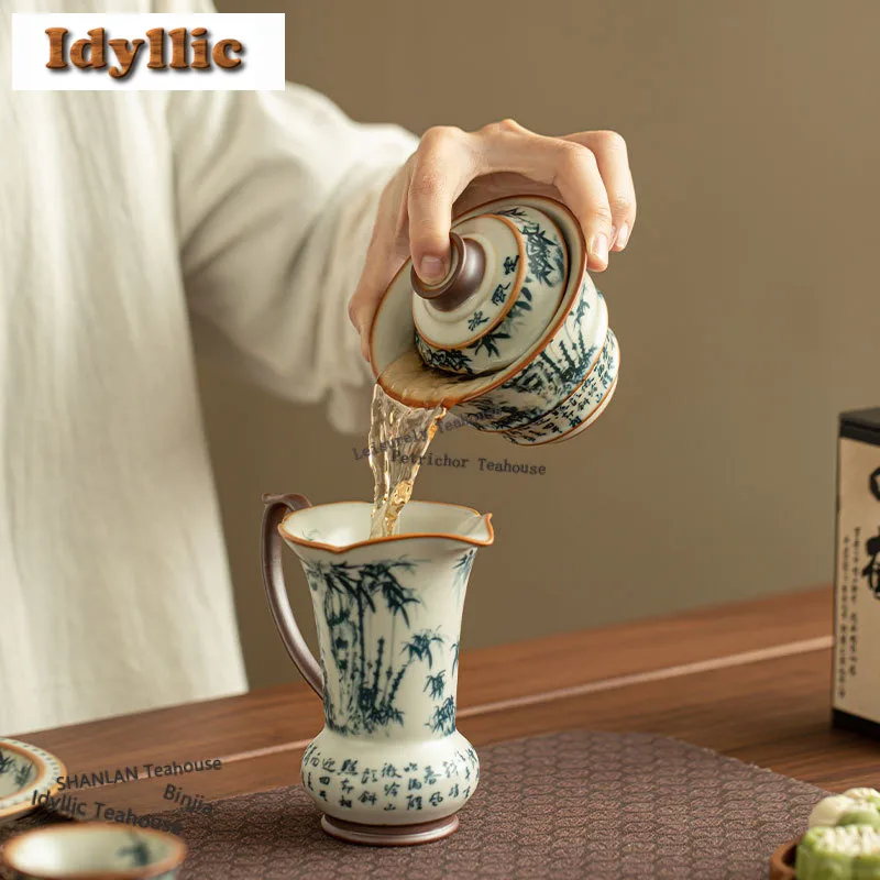 150ml Ru Kiln Blue And White Bamboo Shadow Gaiwan Elegant Tea Tureen Tea Bowl With Lid Kit Tea Brewing Cover Bowl Cafes Gift