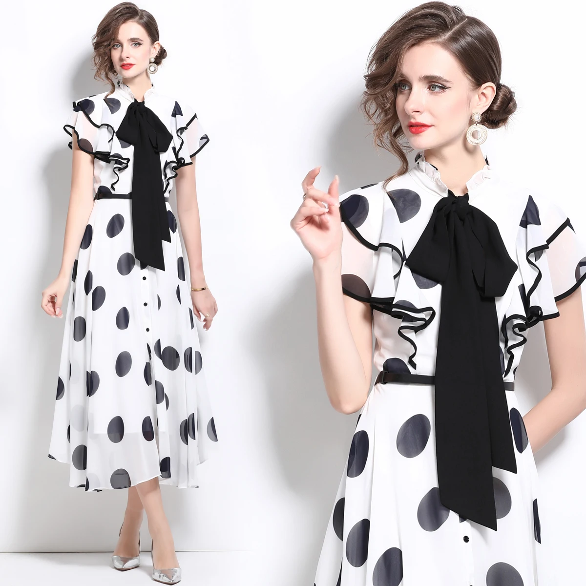 

European and American French high-end banquet dress with ruffled edges polka dot chiffon long skirt socialite temperament dress