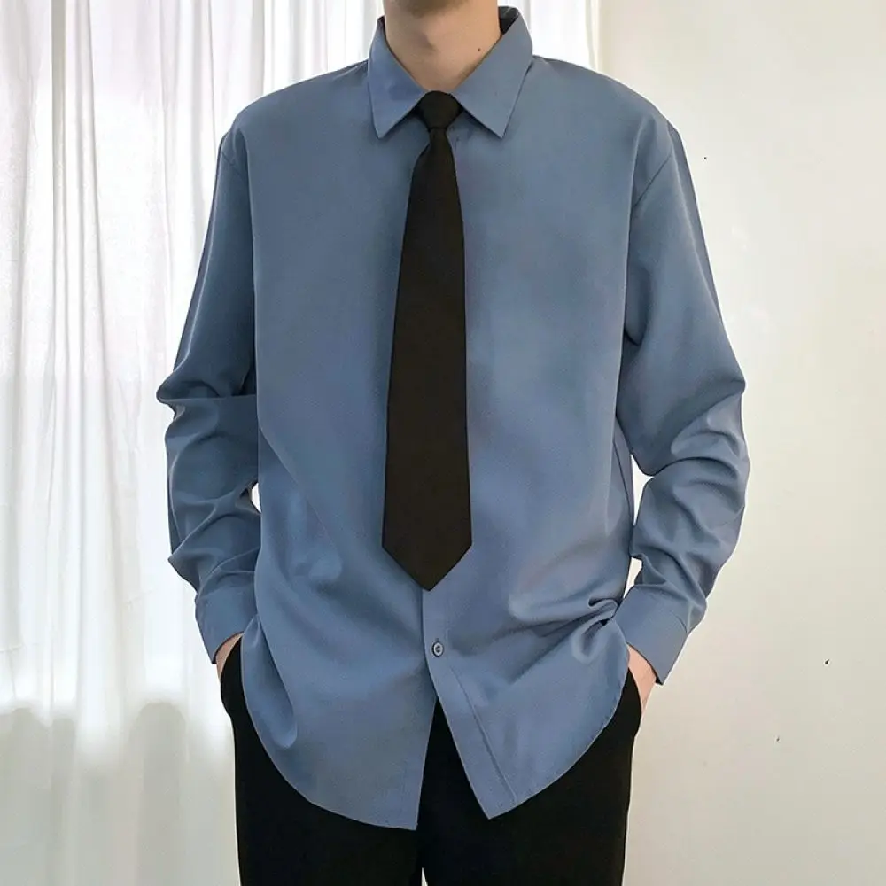 Mens Business Shirt Long Sleeve Casual Office Work Wear Non Iron Wrinkle Resistant Slim Fit Solid Color With Free Tie