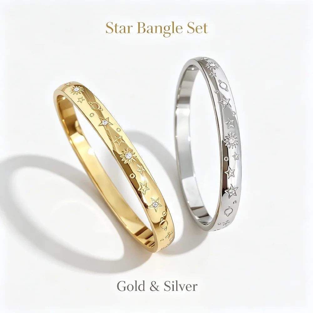 1 Set Greatera Herren- und Damenarmband aus Edelstahl mit Stern- und Mondmotiv, trendiges zweifarbiges Zirkon-Armreif-Set, Party, klassischer, wasserdichter Schmuck – Detail 8