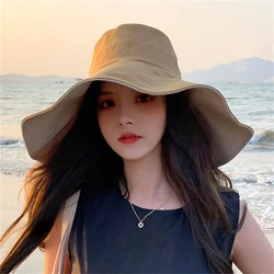 Spring Summer New Big Wide Brim Women Bucket Hat Solid Color Foldable UV Protection Outdoor Beach Panama Cap Sun Hats