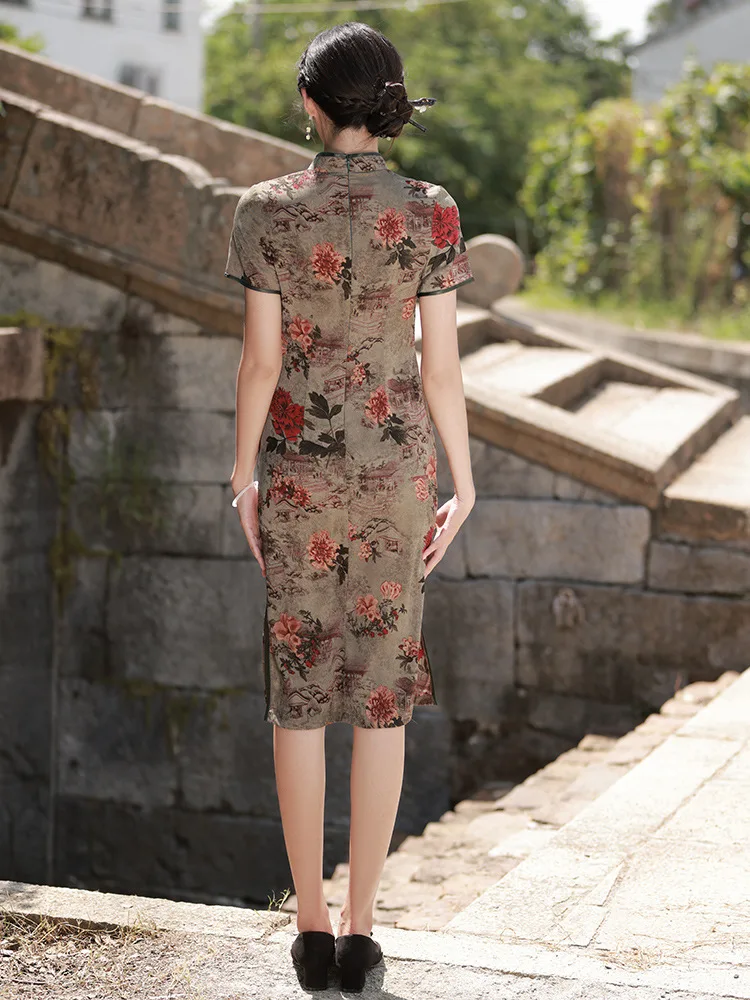 FZSLCYIYI Traditional Printed Satin Short Sleeve Mid-Length Cheongsam Women Ceremony Qipao Chinese Femal Evening Dresses