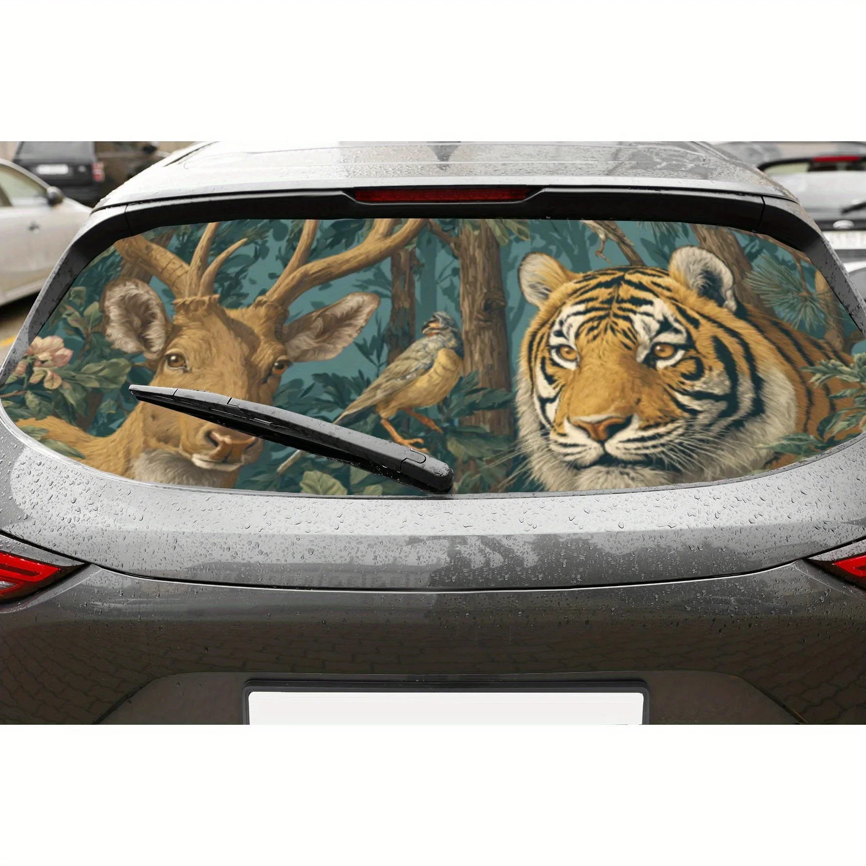 Forest Wild Creatures Print PVC Perforated Car Vinyl Wraps, Durable Car Rear Windshield Sticker, Waterproof Car Rear Window Deca