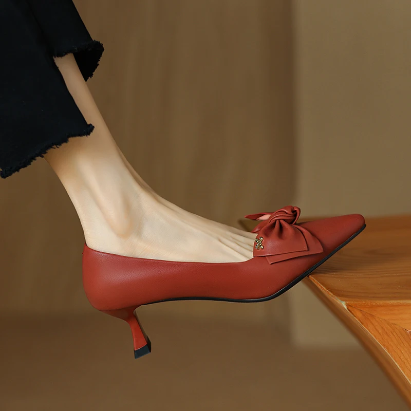 

Handmade Genuine Leather Red Women pumps,Bowknot Pointed Toe High Heel,Casual Dressy Shoes,Sexy Sandals,Women Single shoe