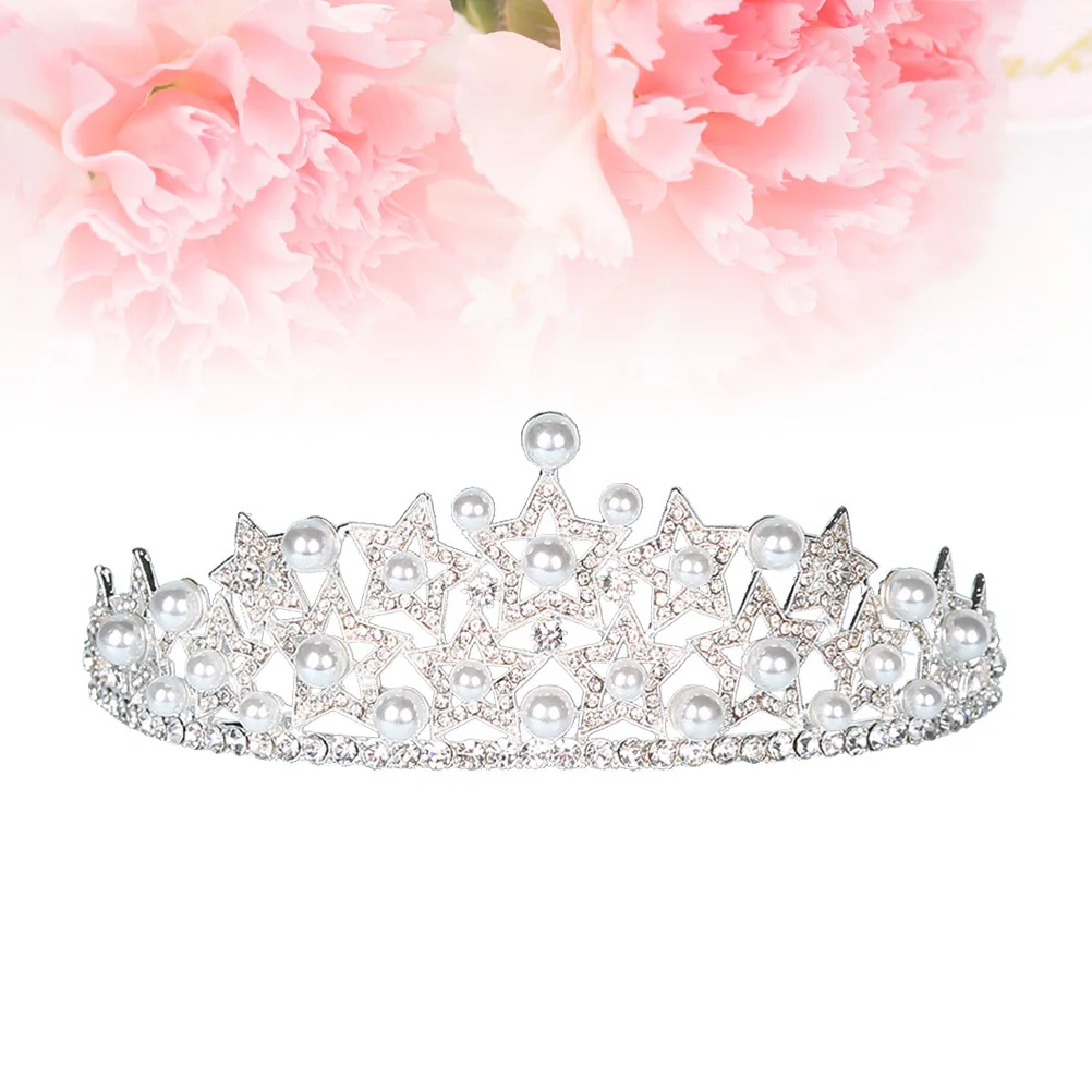 Pearl Embellished Vintage Silver Pentagram Crown For Women Wedding Bridal Headband Tiaras Queen Accessories Hair Styling