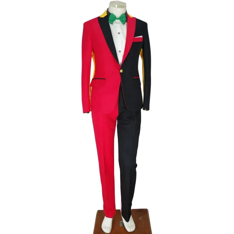 Men Suit Set Red Black Pink Patchwork Blazer Pants 2PCS Singer Clown Magician Suits Stage Costume for Performers Nightclub Party