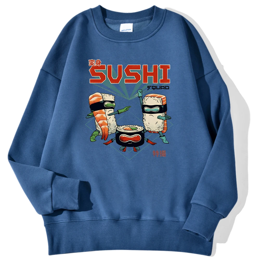 Japanese Cartoons Sushi Prints Male Pullovers Autumn Winter Fashion Hoodies Loose Crewneck Sweatshirts Warm Comfortable Clothing