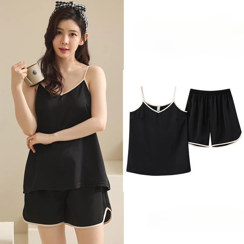 여성용 아이스 실크 캐미솔 파자마 세트 - 가벼운 상의와 반바지 투피스 세트, 편안한 홈웨어