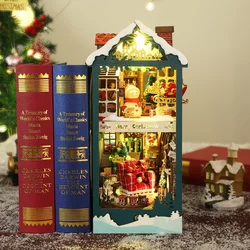 Diy Wooden Happy Merry Christmas Book Nook Shelf Insert Miniature Model Kit With Furniture Lights Bookshelf Bookends Friend Gift