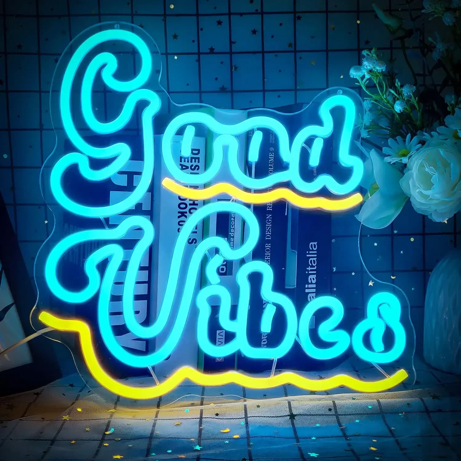 Good Vibes Neon Sign LED Wall Art USB Powered Positive Quote Decor Bedroom Living Room Party Aesthetic Hanging Light
