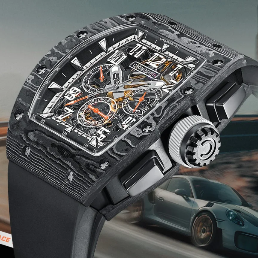 CRONUSART Men Automatic Watch 50mm Chronograph Self Winding Mechanical Wristwatch Carbon Fibre Tonneau Case Luminous