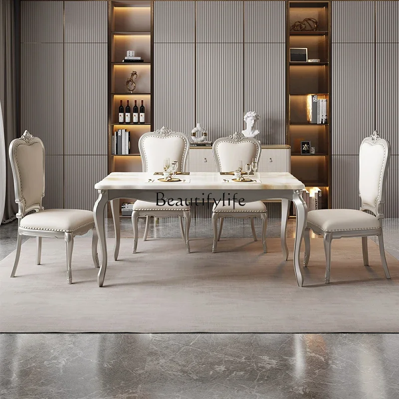 

46American light luxury marble dining table European solid wood square table champagne silver simple