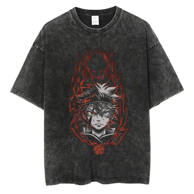 Anime czarna koniczyna sprana koszulka Harajuku Streetwear graficzna koszulka w stylu vintage lato 100% bawełna Hip Hop koszulka z krótkim rękawem